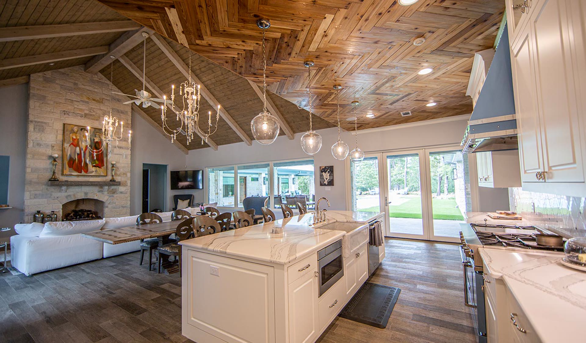 Contemporary Texas ranch-style home at Bluejack National, situated among mature pines with golf cart path