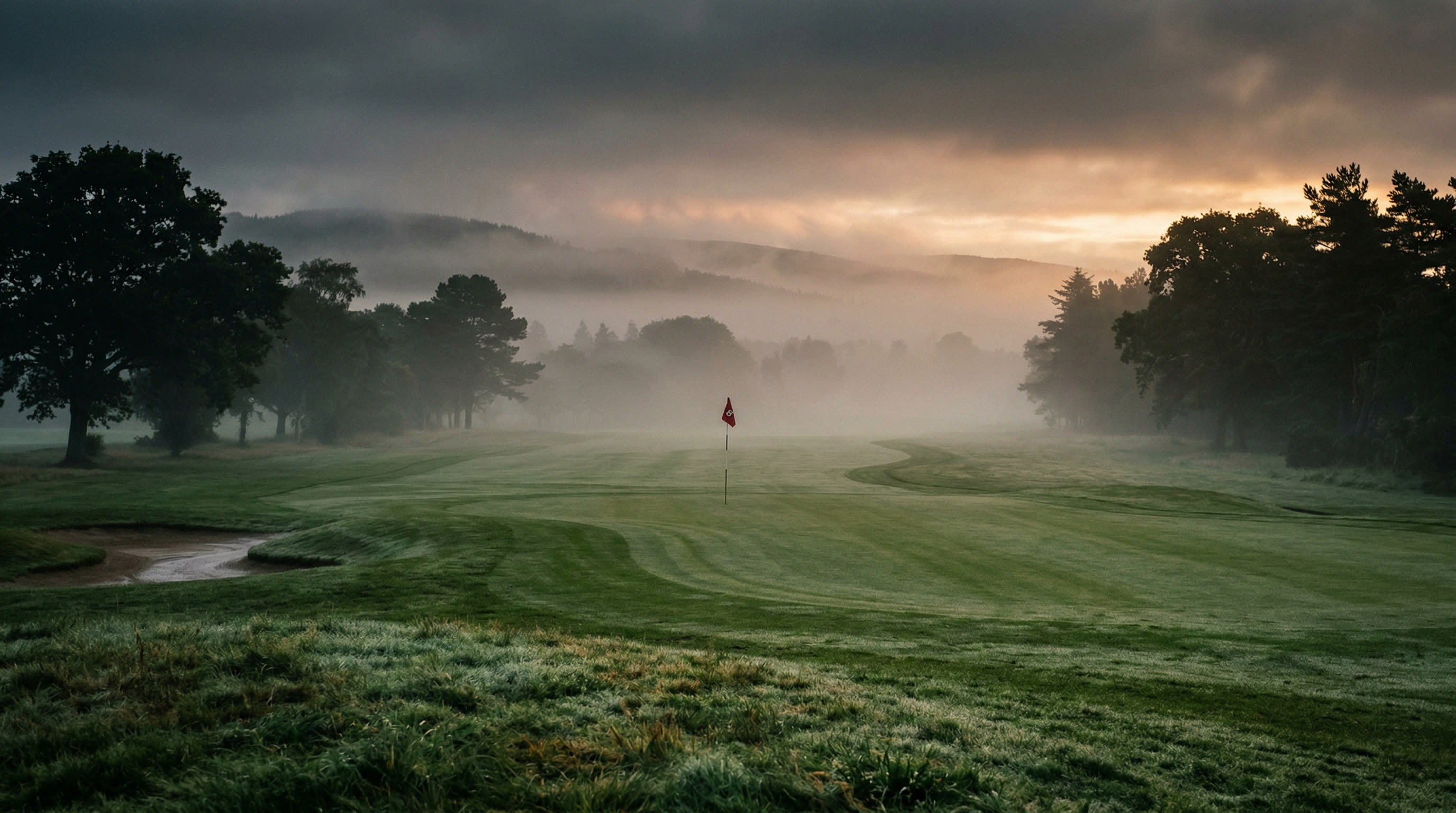 Misty morning golf fairway